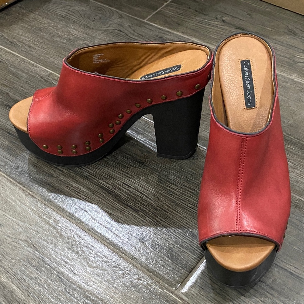 Calvin Klein Jeans Red Leather Studded Platform Mules